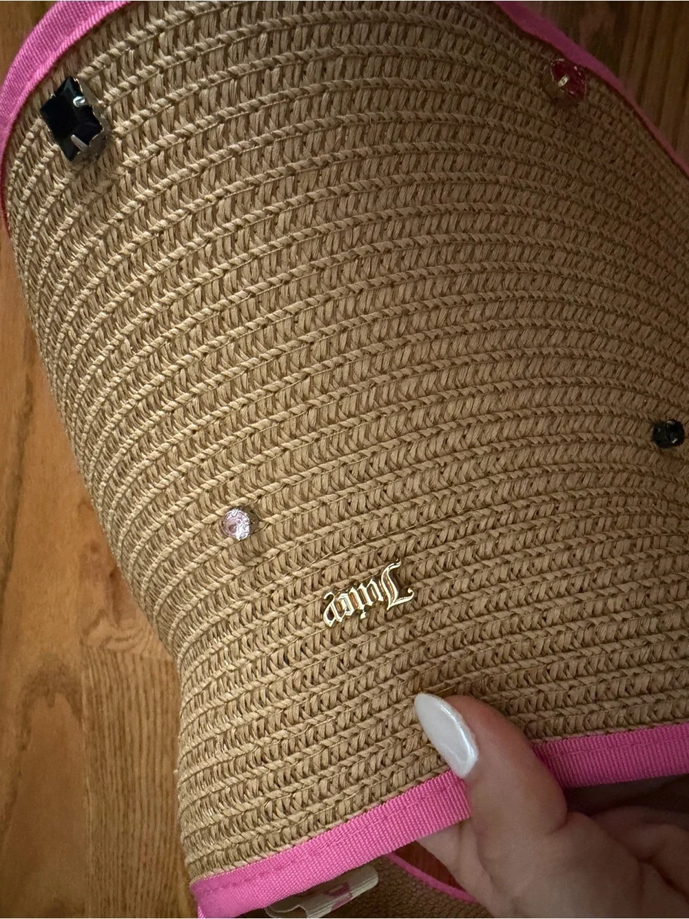 Juicy Couture Straw Visor Straw Sun Hat with Pink Trim and Gems